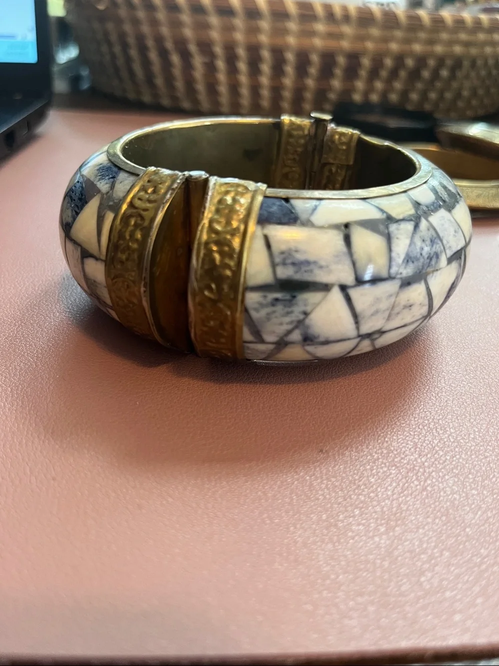 Gold-Tone and Ivory Mosaic Hinged Indian Bangle Bracelet